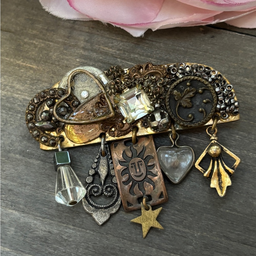 Vintage Steampunk Charm Brooch with Gold and Silver Accents 1990s